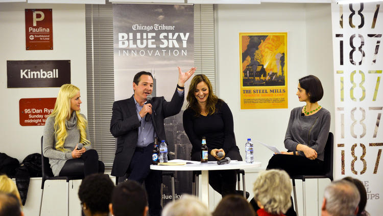 Amina moderating a social media marketing panel featuring Katy Lynch, Paul Rand and Mana Ionescu. Hosted by Blue Sky Innovation at 1871.